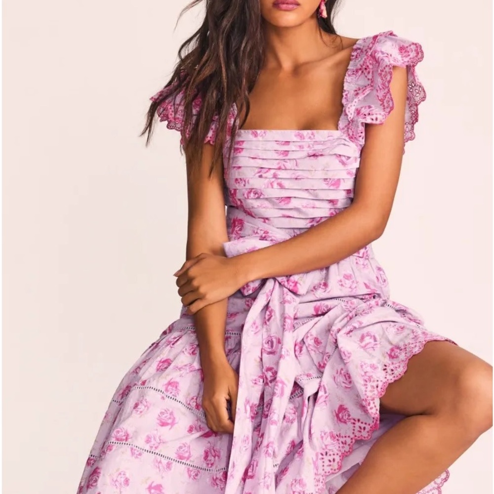 Love Shack Fancy Harlyn Lilac Floral Fusion Harlyn Midi Dress Sz Small